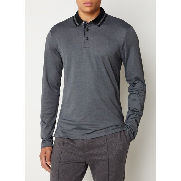 HUGO BOSS Polo Shirt Mens Small Gray Long Sleeve Contrast Collar PLEINS $148 - Picture 1 of 10